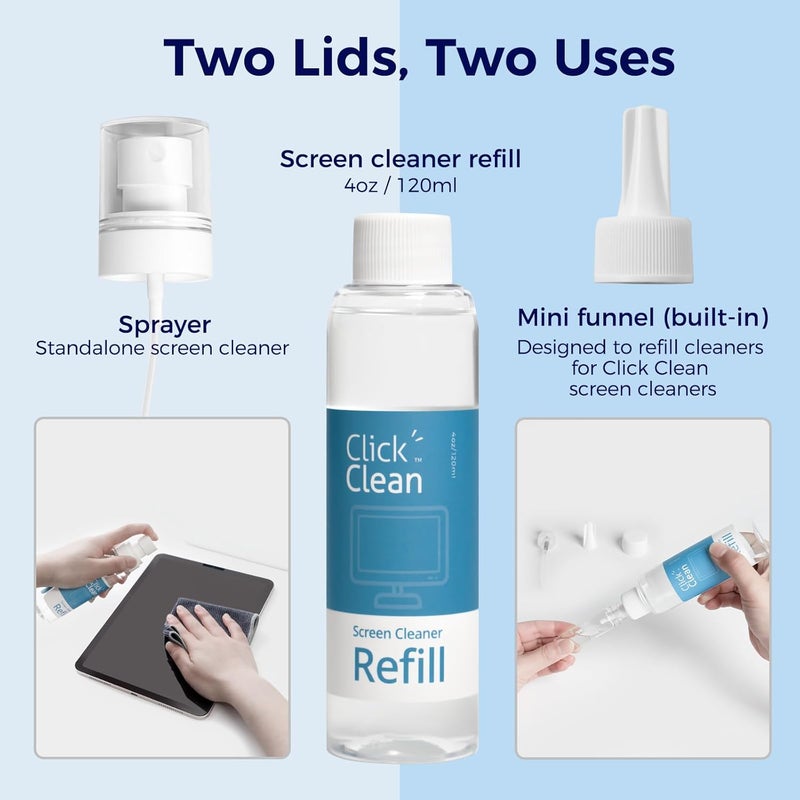 CLICK CLEAN Screen Cleaner Kits - 4 All-in-One Screen Cleaner with 4 oz Cleaner Refill, 1 Microfiber Cloth(7.8 x 7.8in), 1 Mini Refill Funnel, and 1 Sprayer - for All Phones, Laptop and Tablet Screens - Image 5